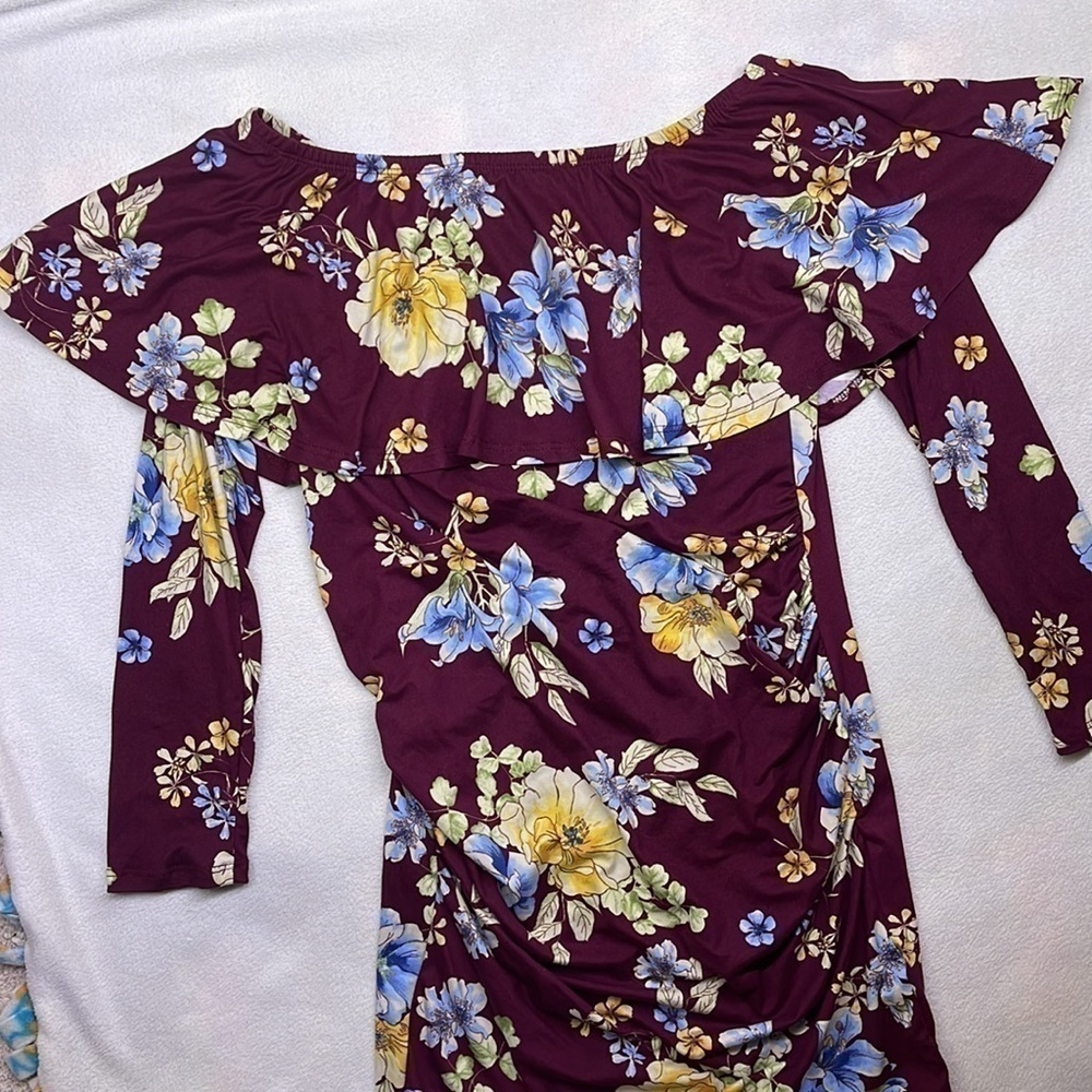 Hello Miz Burgundy Floral Off The Shoulder Ruffle Maternity Dress Small - Picture 5 of 9